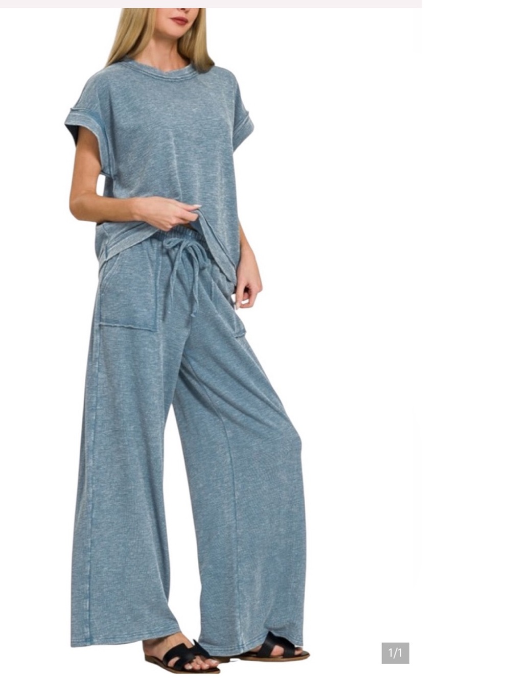 ZENANA denim blue relaxed mineral wash slub wide leg comfy pant set NWOT